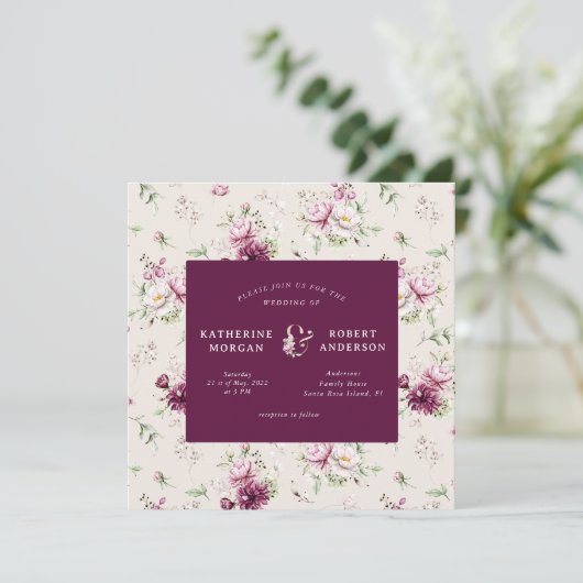 magenta garden floral square bruiloft uitnodiging (Staand voorkant)