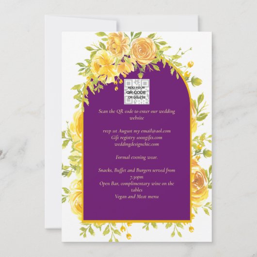 Magenta Gele Rozen Pruim Paars Goud Bruiloft Kaart (Achterkant)