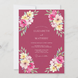 Magenta Geschilderde Wilde Bloemen Bruiloft Kaart