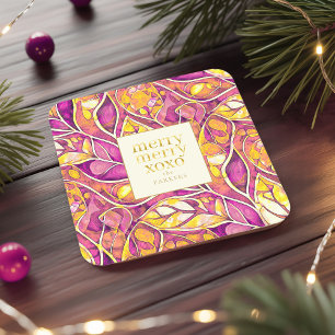 Magenta Goud Kerstmis Merry Patroon # 21 ID1009 Vierkante Kartonnen Onderzetter