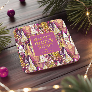 Magenta Goud Kerstmis Merry Patroon # 25 ID1009 Vierkante Kartonnen Onderzetter