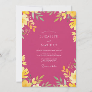 Magenta Gouden Blad Bruiloft Kaart