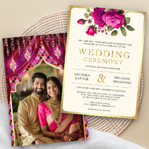 Magenta Gouden Bloemen Indische Hindoe Foto Huweli Kaart