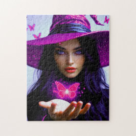 Magenta Halloween magische heks met vlinders Legpuzzel