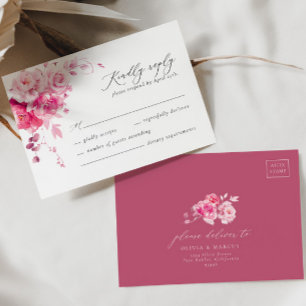 Magenta Heet Roze Bloemen Elegante Bruiloft RSVP K Kaartje