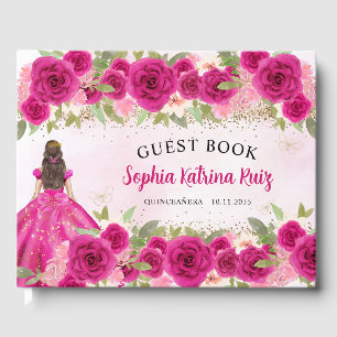 Magenta Hot Pink Gold Floral Princess Quinceañera Gastenboek