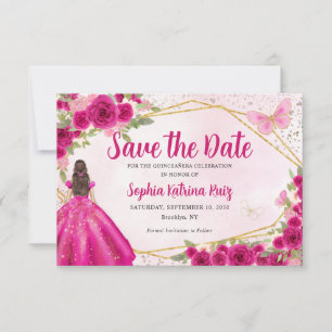 Magenta Hot Pink Gold Floral Princess Quinceañera Save The Date