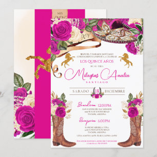 Magenta Hot Pink Rozen Fancy Charro Quinceanera Kaart