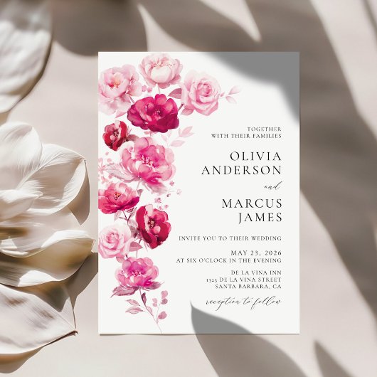 Magenta Hot rose Floral Élégant Mariage Invitation