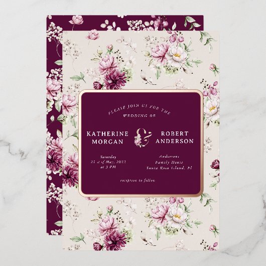 magenta jardin fleuri mariage feuille invitation (Recto/Verso)