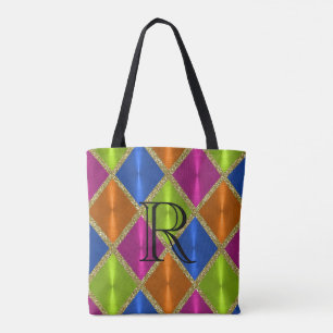 Magenta Limoen Blue Gold Harlequin met monogram Draagtas