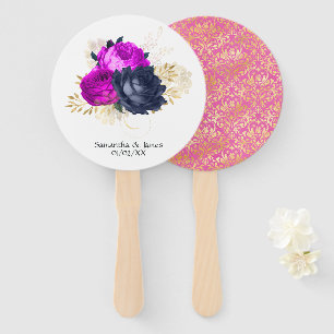 Magenta marineblauw en gouden bloemen bruiloft handwaaier
