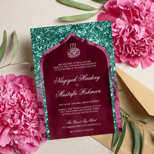 Magenta Marmer Teal Glitter Boog Islamitisch Huwel Kaart