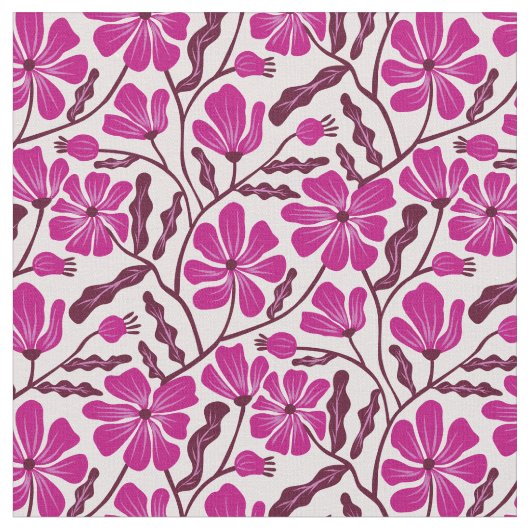 Magenta Mid Century Modern Floral Pattern Stof (Close Up)