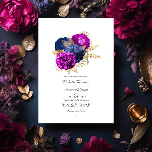 Magenta Navy and Gold Floral Wedding QR Code Rsvp Kaart