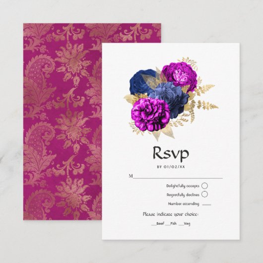 Magenta Navy and Gold Floral Wedding RSVP Kaartje (Voorkant / Achterkant)
