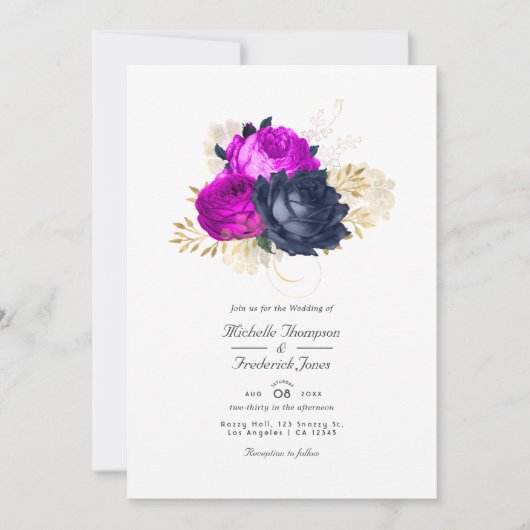 Magenta Navy et Gold Floral Faire-part de mariage (Devant)