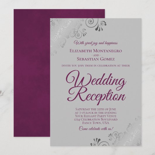 Magenta op grijze zilveren franjes bruiloftsrecept kaart (Voorkant / Achterkant)