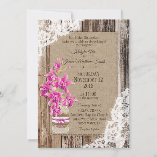 Magenta Orchid Wood Lace Rustic Wedding Kaart (Voorkant)