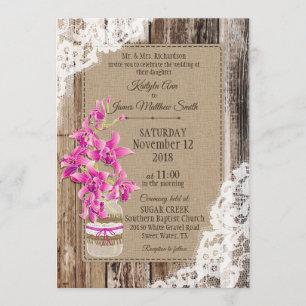 Magenta Orchid Wood Lace Rustic Wedding Kaart