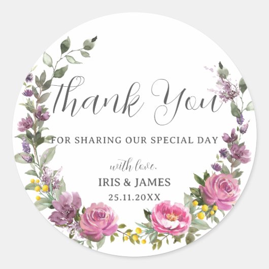 Magenta Paarse Geel Bloemen Boho bruiloft gunst Ronde Sticker (Voorkant)