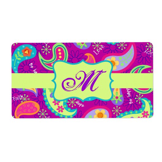 Magenta Paarse Green Modern Paisley Monogram Etiket (Voorkant)