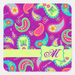 Magenta Paarse Green Modern Paisley Monogram Vierkante Sticker