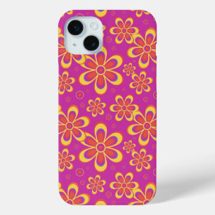 Magenta Paarse Groovy bloempatroon iPhone 15 Mini Hoesje