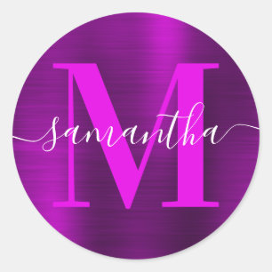 Magenta Paarse Moderne Handtekening Monogram Folie Ronde Sticker