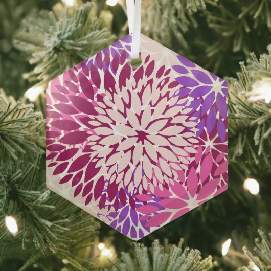 Magenta Peach Burgundy en Paarse Stillas Dahlias Glas Ornament (Insitu)