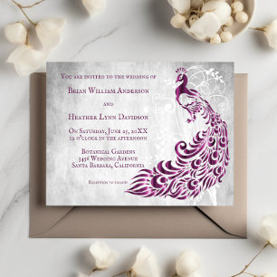 Magenta Peacock Leaf Vine Wedding Invitation Kaart