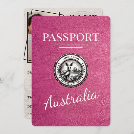 Magenta Pink Australia Passport Bewaar de datum Save The Date (Voorkant / Achterkant)