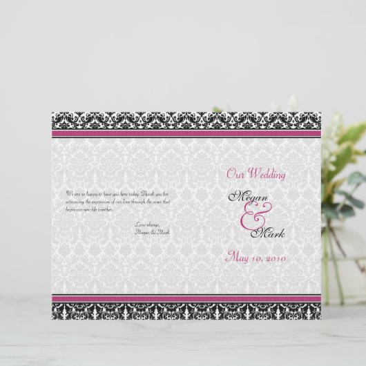 Magenta Pink Black Damask Wedding Program (Staand voorkant)