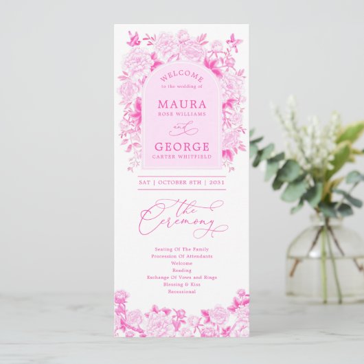 Magenta Pink Chinoiserie Floral Wedding Program (Staand voorkant)