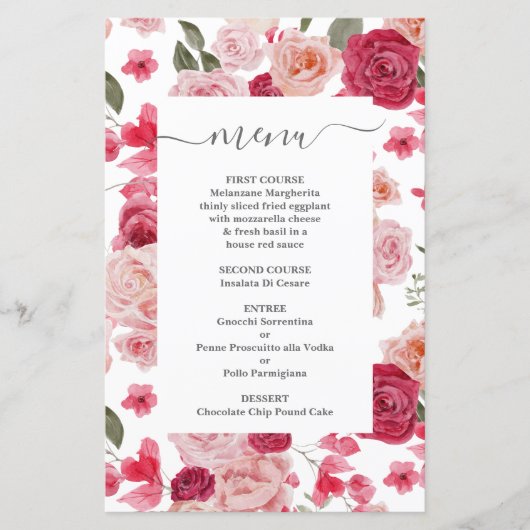 Magenta Pink Floral Wedding Menu Kaart (Voorkant)