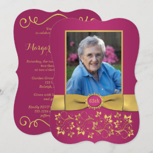 Magenta Pink, Gold 65th Photo Birthday Invitation Kaart