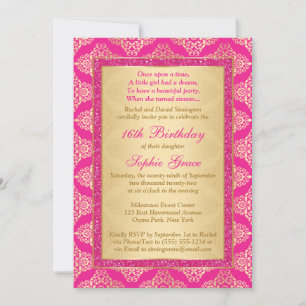 Magenta Pink, Gold Damask 16th Birthday Invitation