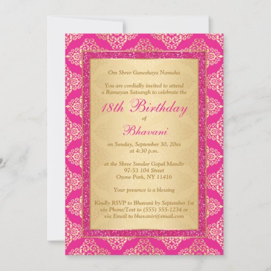 Magenta Pink, Gold Damask 18th Birthday Invitation (Devant)