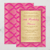 Magenta Pink, Gold Damask 18th Birthday Invitation (Devant / Derrière)