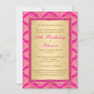 Magenta Pink, Gold Damask 18th Birthday Invitation