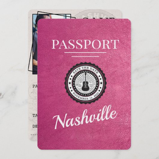 Magenta Pink Nashville Passport Bewaar de datum Save The Date (Voorkant / Achterkant)