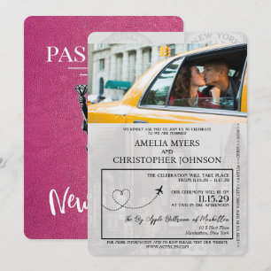 Magenta Pink New York City Passport Wedding Kaart