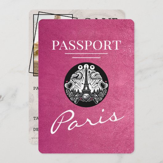 Magenta Pink Paris Passport Bewaar de datum Save The Date (Voorkant / Achterkant)
