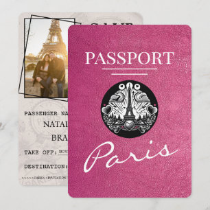 Magenta Pink Paris Passport Bewaar de datum Save The Date