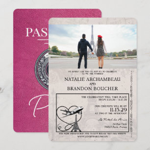 Magenta Pink Paris Passport Wedding Kaart