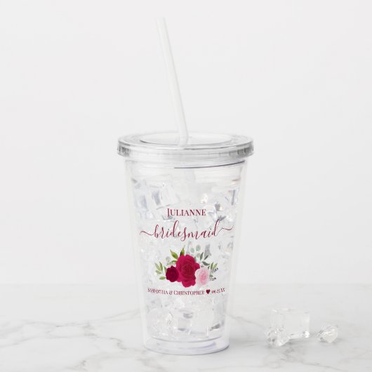 Magenta Pink Roses Elegant Bridesmaid Wedding Acryl Drinkbeker (Voorkant ijs)