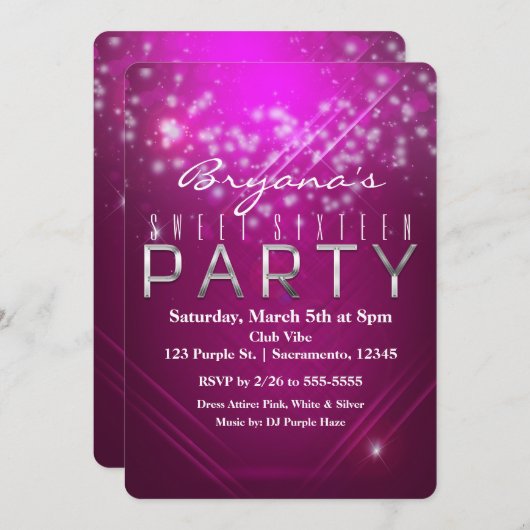 Magenta Pink Sparkle Club FEESTUITNODIGING Kaart (Voorkant / Achterkant)