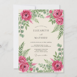 Magenta Romantische Botanische Bruiloft Kaart