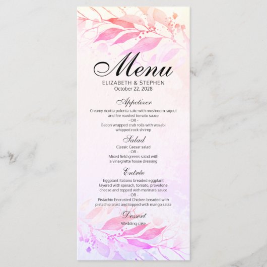 Magenta Rose Aquarelle Feuille Floral Mariage Menu (Devant)