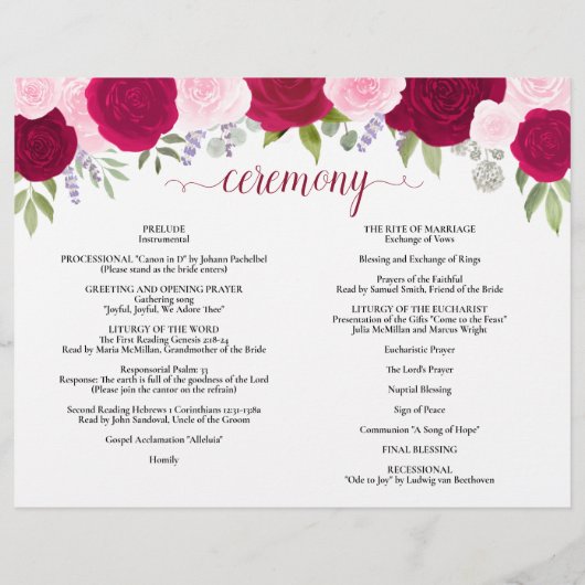 Magenta & Roses Roses Rose Programme de mariage ca (Dos)